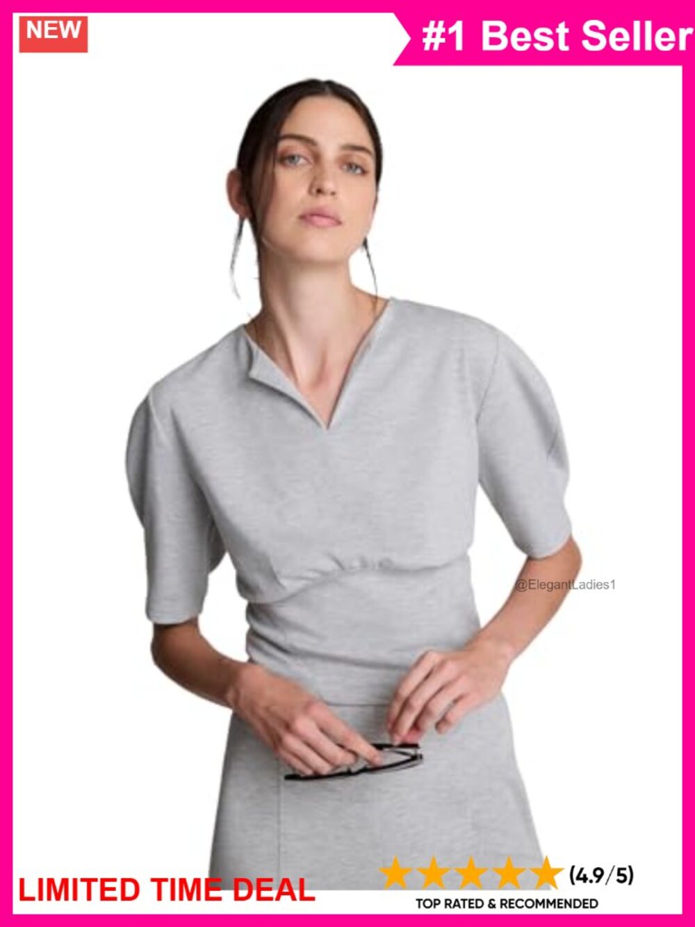 Short Puff Sleeve Cropped Top Crew Neck Blouse Business Casual